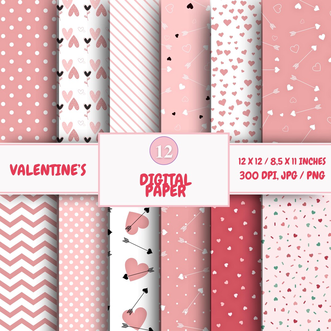 Valentine's Day Digital Paper Pack: Romantic Hearts, Scrapbook Patterns ...