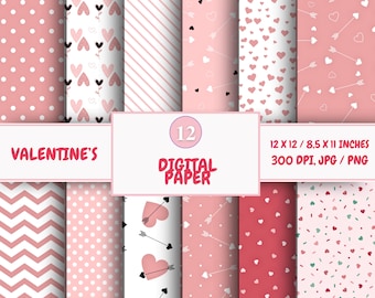 Pack de papier numérique Saint-Valentin : coeurs romantiques, motifs de scrapbooking (téléchargement numérique)