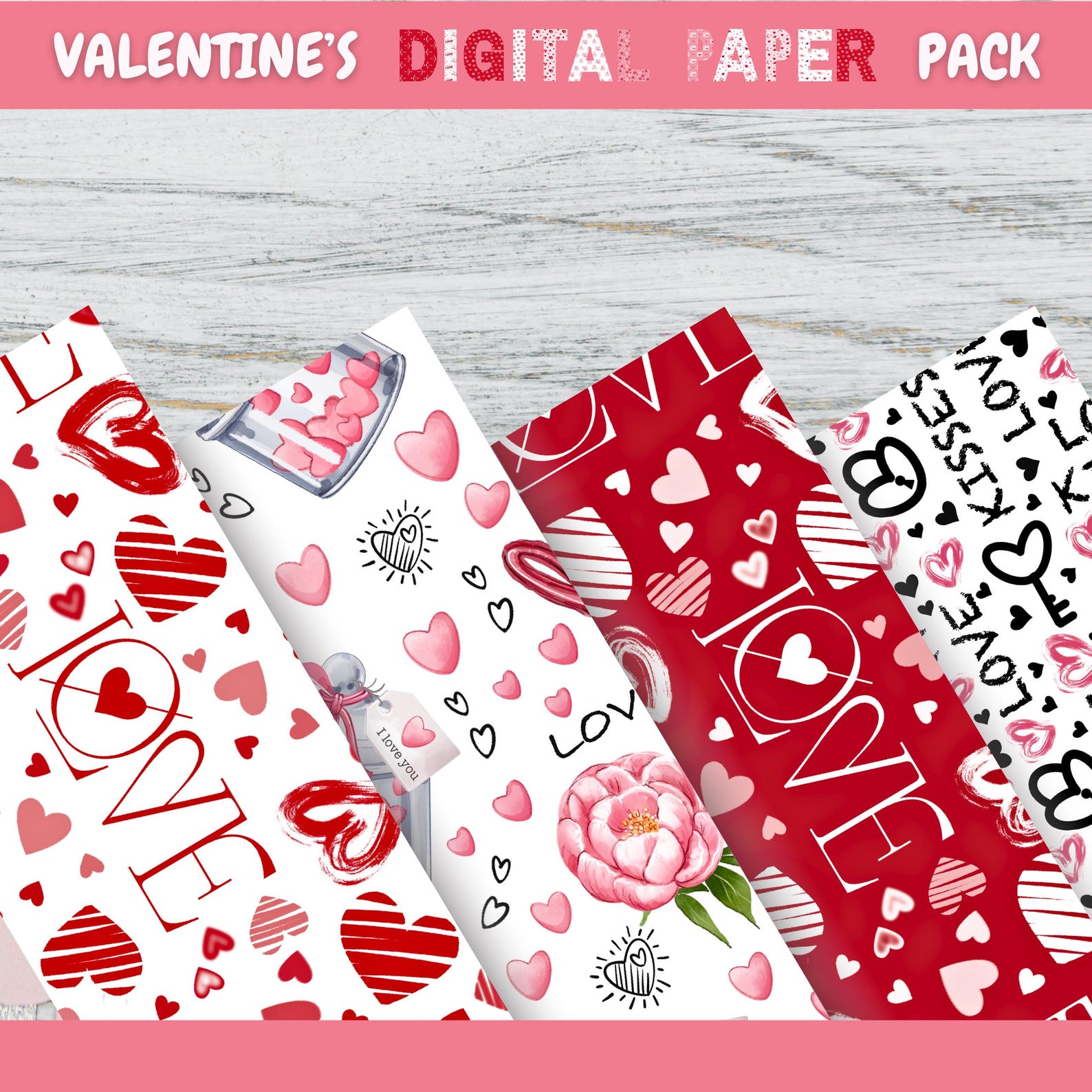 Valentine's Day Digital Paper Pack: Romantic Hearts, Scrapbook Patterns ...