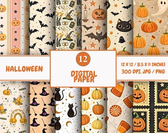 Retro Halloween Digital Paper Pack: Spooky Scrapbook Backgrounds (Download)