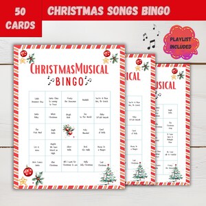 Weihnachtslieder Bingo Spiel zum Ausdrucken - 50 Karten Musik Bingo Urlaub Spiel für Kinder und Familien Lieder Wiedergabeliste Sofort Download