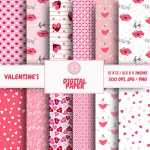 Valentine&#39;s Day Digital Paper Pack  Scrapbook Paper Romantic Craft Patterns Card Backgrounds Heart-Themed Two Sizes Instant Download