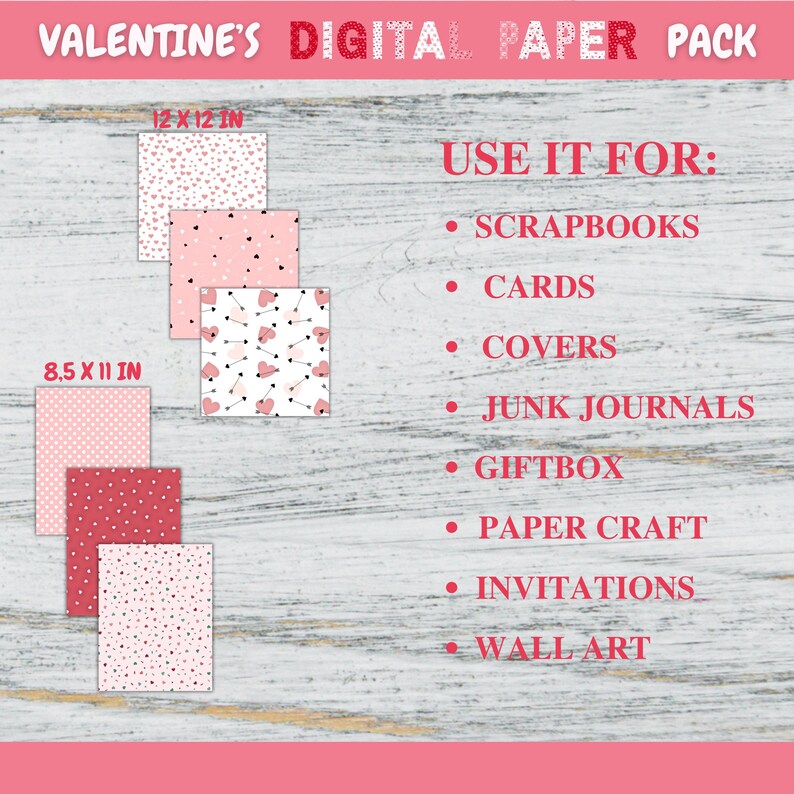 Valentine's Day Digital Paper Pack: Romantic Hearts, Scrapbook Patterns ...