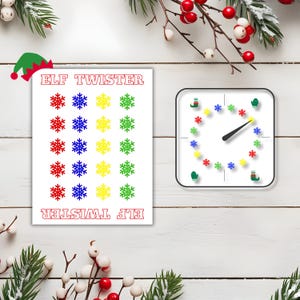 May include: A printable Elf Twister game with a white background and red, blue, yellow, and green snowflakes. The game includes a clock with a black hand and snowflakes in the same colors as the game board.