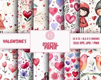 Watercolor Valentine's Day Digital Paper Pack: Romantic Scrapbook Patterns (Digital Download)