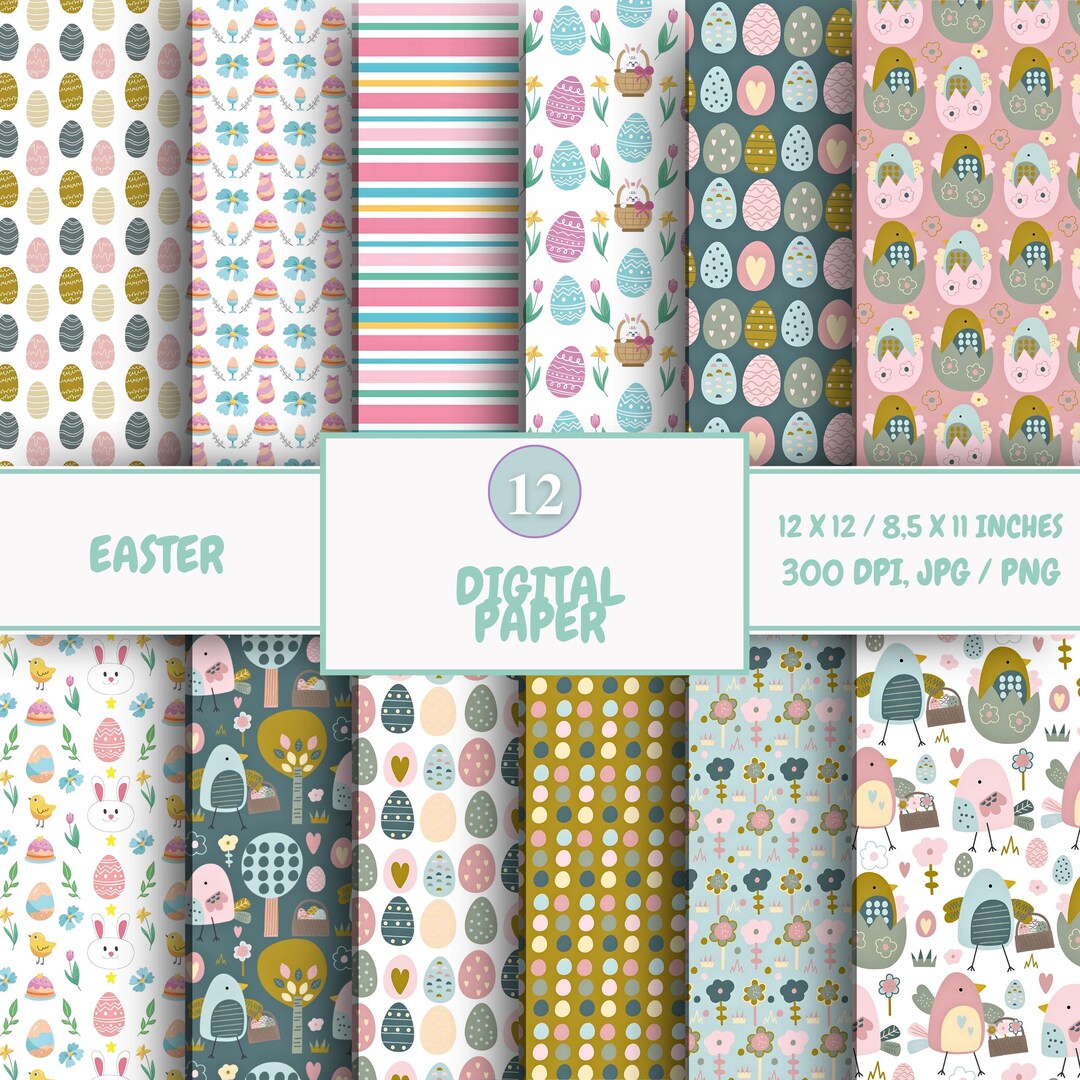 Pastel Easter Digital Paper Pack: Bunny & Egg Patterns (instant ...