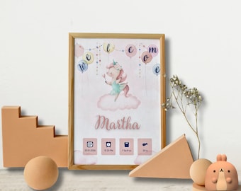 Pink Unicorn Baby Birth Print: Editable Nursery Decor (Digital Download)
