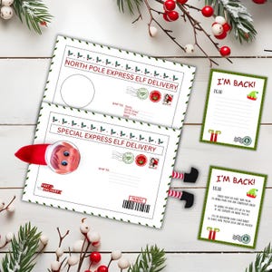 Sobres de llegada y regreso de elfo con letras Elfo navideño PDF imprimible Kit editable para el Polo Norte Descarga instantánea