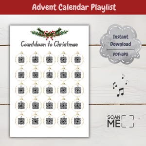 Puede incluir: Un calendario de adviento imprimible con 25 códigos QR escaneables en forma de bolas de Navidad. El texto "Countdown to Christmas" está en la parte superior de la página. El texto "Descarga instantánea PDF/JPG" está en un bocadillo de diálogo en la esquina superior derecha. El texto "SCAN ME" está en un cuadrado en la esquina inferior derecha.