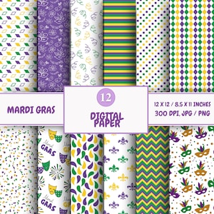 May include: Twelve digital paper designs featuring Mardi Gras themed patterns in green, purple, and gold. The patterns include confetti, masks, fleur-de-lis, and stripes. The papers are 12 x 12 inches and 300 DPI.