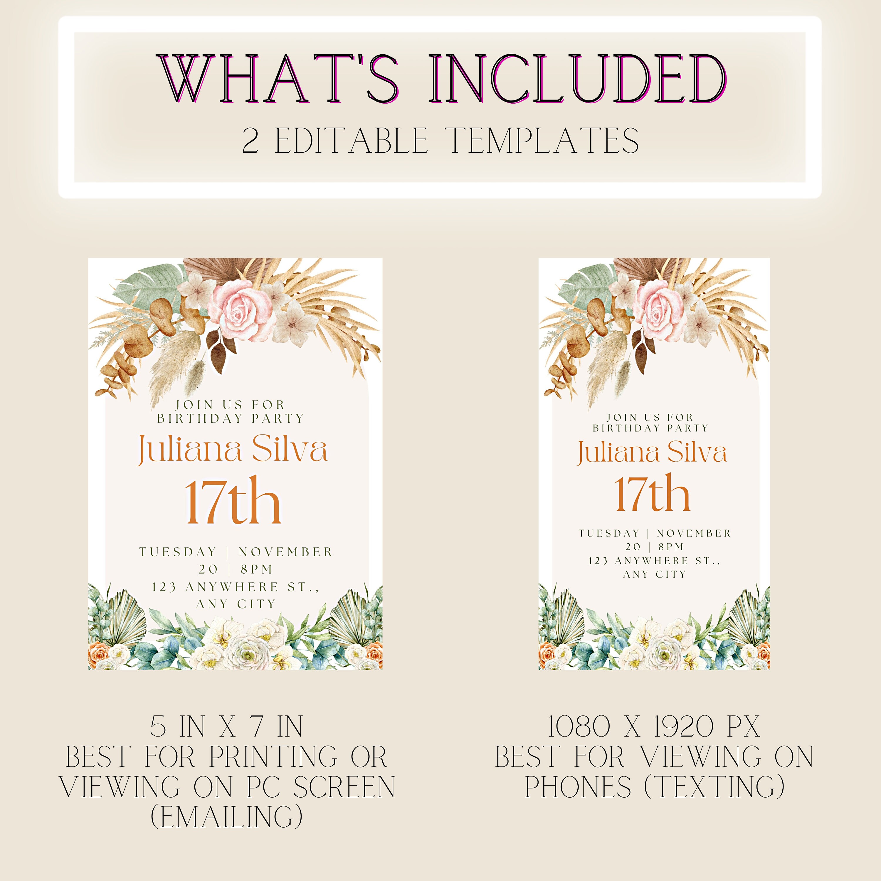Printable Invitation Birthday Party Template Floral Design Editable ...