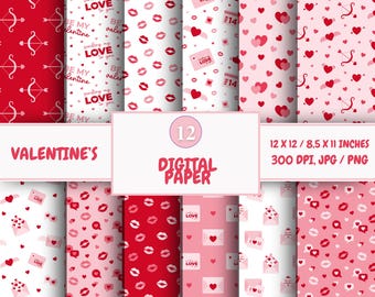 Paquete de papeles digitales para San Valentín: Papel de scrapbooking con corazones (descarga instantánea)
