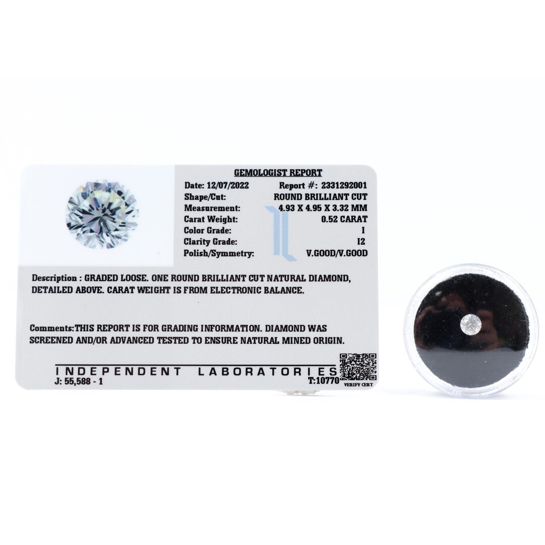 Diamond Certified 0.01g 010 W/g 1 Round Brilliant Cut 0.52 Ctw Gift ...
