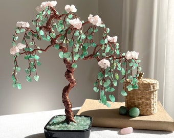 Aventurine Rose Quartz Crystal Bonsai Tree: Copper Wire Tree of Life
