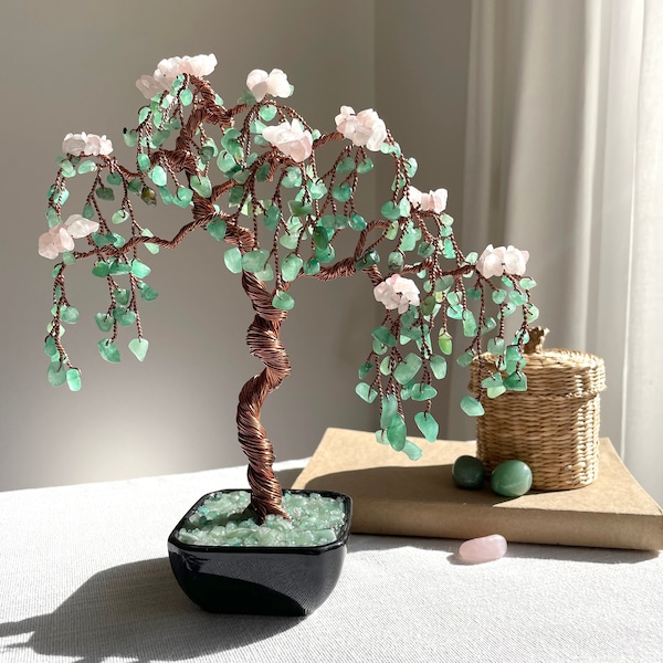 Flowering Bonsai Crystal tree, Aventurine-Rose Quartz Crystal tree Copper wire, Tree of Life,Natural Gemstones