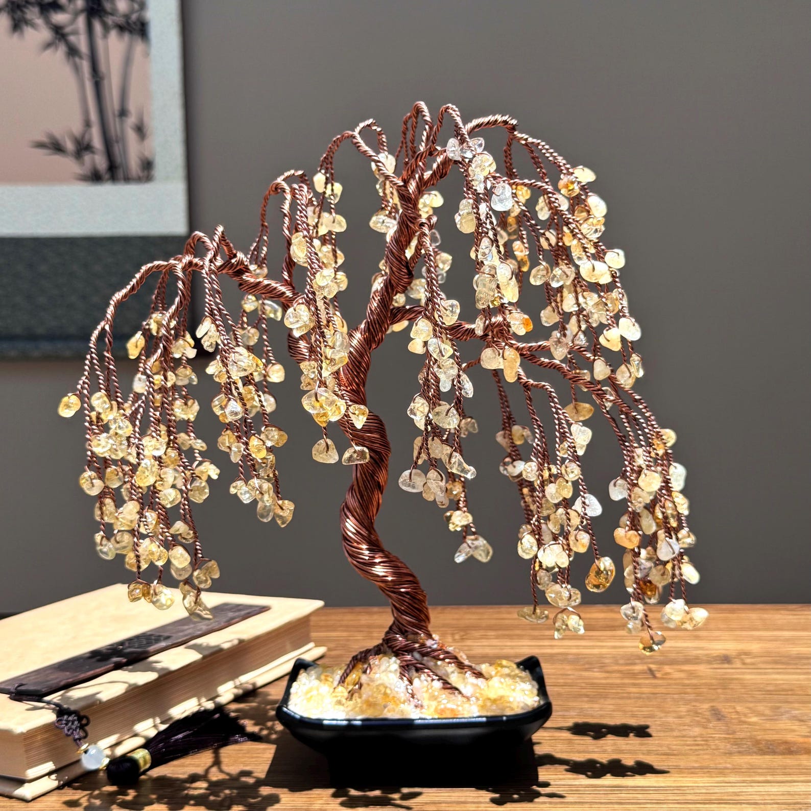 Citrine Willow Crystal Tree of Life: Wire Sculpture, Feng Shui Decor
