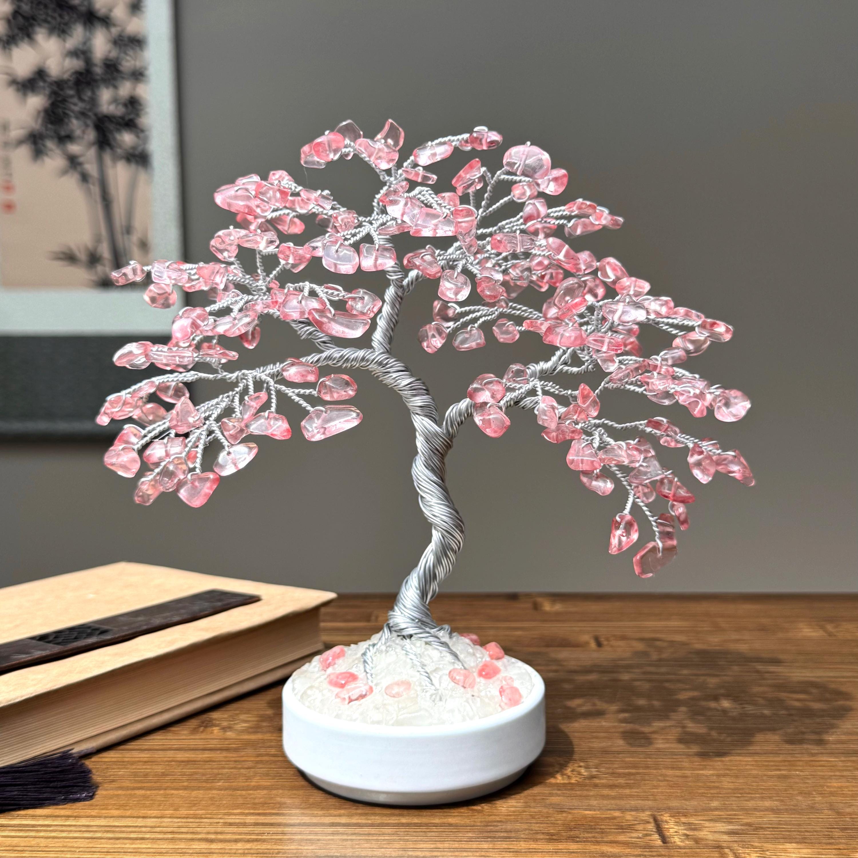 Cherry Quartz Crystal Bonsai Tree: Wire Sculpture, Feng Shui Decor