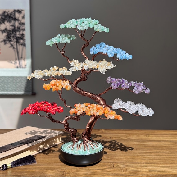 Large Seven Chakra Gemstone Bonsai Tree: Copper Wire Crystal