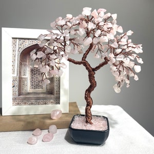 Stone of Love Tree, Rose Quartz Tree of Life, Sakura Tree, Wire Sculpture Tree, Natural Crystal Tree