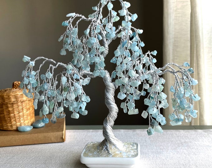 Aquamarine Willow Crystal Tree, Chakra Healing Gemstone Tree, "Shield Stone Tree", Wire Sculpture Tree, Tree of Life
