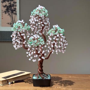 Large Rose Quartz-Aventurine Crystal Tree, Bonsai Gemstone tree, Natural Stone Tree, Wire Sculpture Tree, Feng Shui Decor