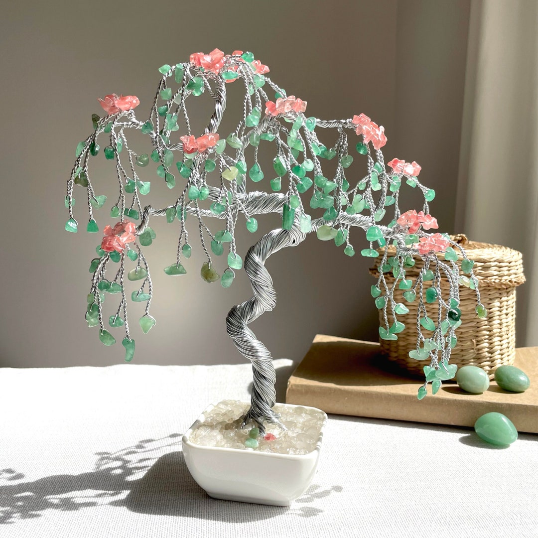 Flowering Bonsai Crystal Tree, Aventurinecherry Quartz Crystal Tree Silver Wire, Tree of Life