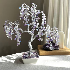 Amethyst-Moonstone Willow Crystal Tree, Natural Stone Tree, Chakra Healing Gemstone Tree, Wire Sculpture Tree, Feng Shui Decor