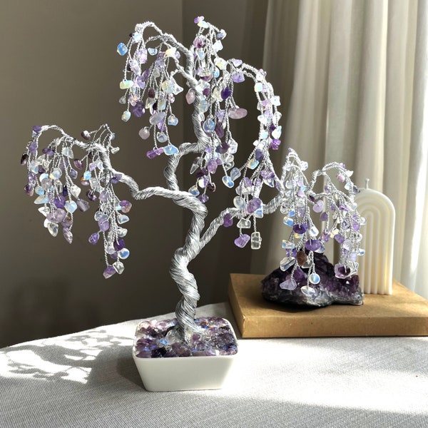 Amethyst-Moonstone Willow Crystal Tree, Natural Stone Tree, Chakra Healing Gemstone Tree, Wire Sculpture Tree, Feng Shui Decor