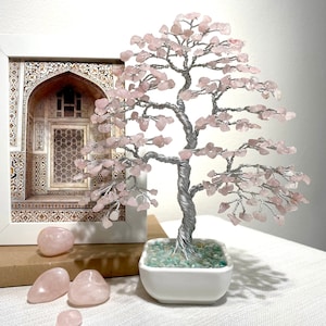 Stone of Love Bonsai Tree, Rose Quartz Tree of Life, Sakura Tree, Wire Sculpture Tree, Feng Shui Decor