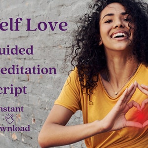 May include: A woman with curly brown hair smiles and makes a heart shape with her hands. The text "Self Love Guided Meditation Script Instant Download" is in purple text on a gray brick wall.