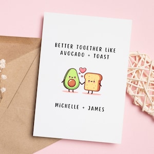 Personalized Cute Valentine&#39;s Day Card, Kawaii Avocado Toast Greeting Card, Anniversary card for Husband, Wife, Boyfriend, Girlfriend