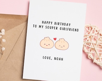 Kawaii Dumpling Birthday Card for Girlfriend, Personalized Birthday Card, Cute Birthday Card Girlfriend, Custom Name, Birthday Gift for Her