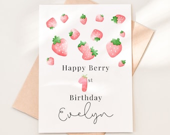 Berry First Birthday, Strawberry First Birthday Card, Personalized 1st Birthday Girl, Niece, Granddaughter, Goddaughter, 1 Year Old Bday
