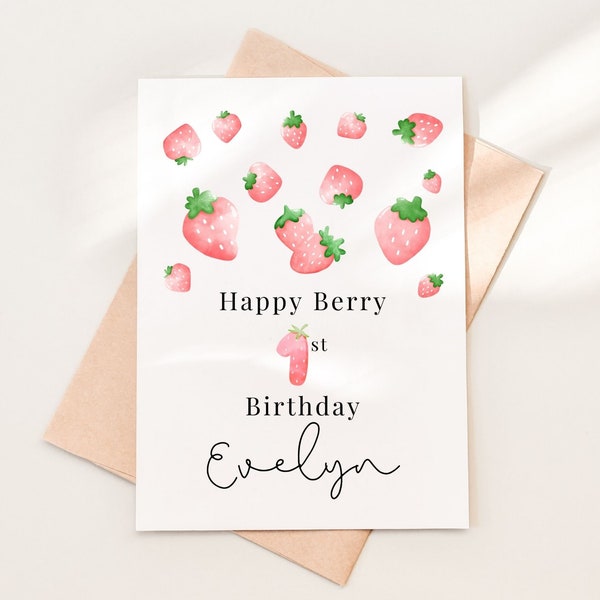 Berry First Birthday, Strawberry First Birthday Card, Personalized 1st Birthday Girl, Niece, Granddaughter, Goddaughter, 1 Year Old Bday