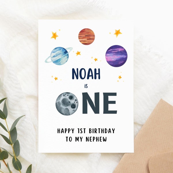 Space First Birthday Card, Personalized Baby 1st Birthday Boy, Nephew, Grandson, Godson, 1 Year Old Birthday, One Year Old Boy