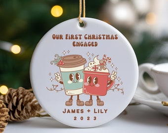 Personalized First Christmas Engaged Ornament – Christmas Gift for Engaged Couple – Retro Christmas Ornament