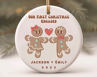 Personalized First Christmas Engaged Gingerbread Ornament – Christmas Gift for Engaged Couple – Retro Christmas Ornament