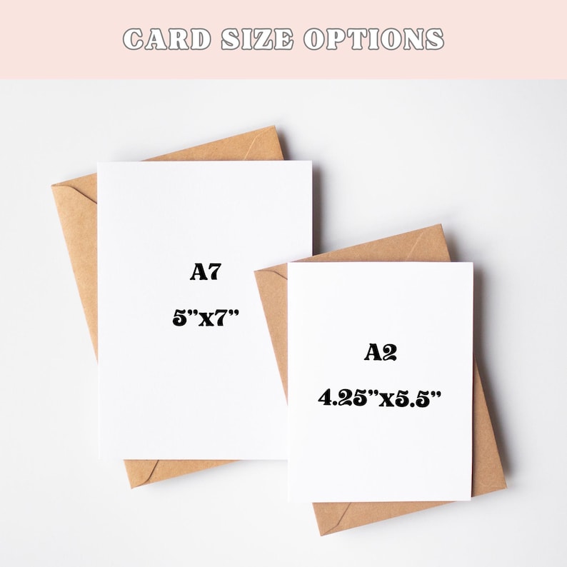 May include: Two white cards with brown envelopes showing different card sizes. The first card says "A7 5"x7" and the second card says "A2 4.25"x5.5"