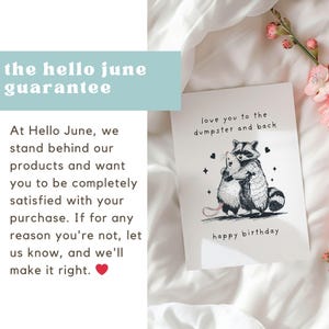 Puede incluir: Una tarjeta blanca con texto negro y una ilustraci&oacute;n en blanco y negro de un mapache abrazando a un rat&oacute;n. El texto dice "love you to the dumpster and back" y "happy birthday".