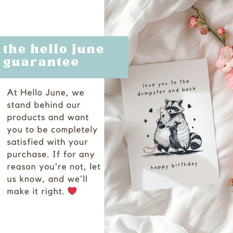 Puede incluir: Una tarjeta blanca con texto negro y una ilustraci&oacute;n en blanco y negro de un mapache abrazando a un rat&oacute;n. El texto dice "love you to the dumpster and back" y "happy birthday".