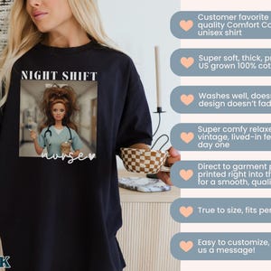 May include: Black unisex t-shirt with a graphic of a doll dressed as a nurse, the words "NIGHT SHIFT" and "nurse" are printed on the shirt. The shirt is made of a soft, pre-shrunk cotton material.