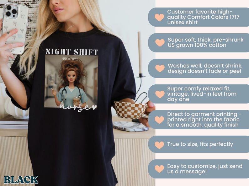 May include: Black unisex t-shirt with a graphic of a doll dressed as a nurse, the words "NIGHT SHIFT" and "nurse" are printed on the shirt. The shirt is made of a soft, pre-shrunk cotton material.