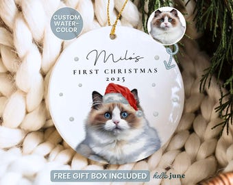 Cat First Christmas Ornament Personalized Cat Portrait Pet Watercolor Ornament Custom Cat Photo Gifts Custom Cat Photo Pet 1st Christmas