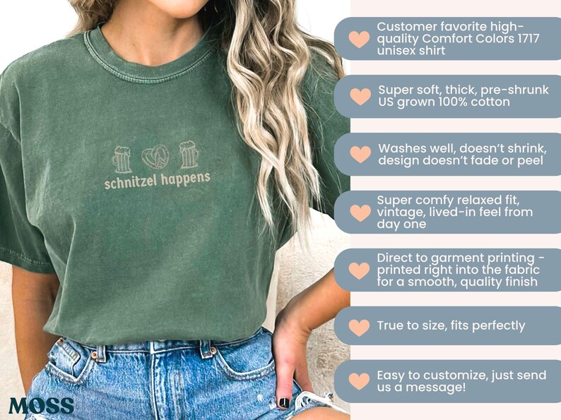 May include: Green unisex t-shirt with the phrase "schnitzel happens" and pretzel and beer stein graphics. The shirt is made of 100% cotton and has a relaxed fit. The shirt is a Comfort Colors 1717 unisex shirt.