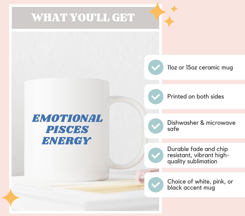 Op de afbeelding: Witte keramische mok met blauwe tekst die "EMOTIONAL PISCES ENERGY" luidt. De mok is 11 of 15 ounce en is aan beide zijden bedrukt. Hij is vaatwasser- en magnetronbestendig en gemaakt met duurzame, kleurvaste en slijtvaste, levendige sublimatie. De mok is verkrijgbaar in wit, roze of zwart.