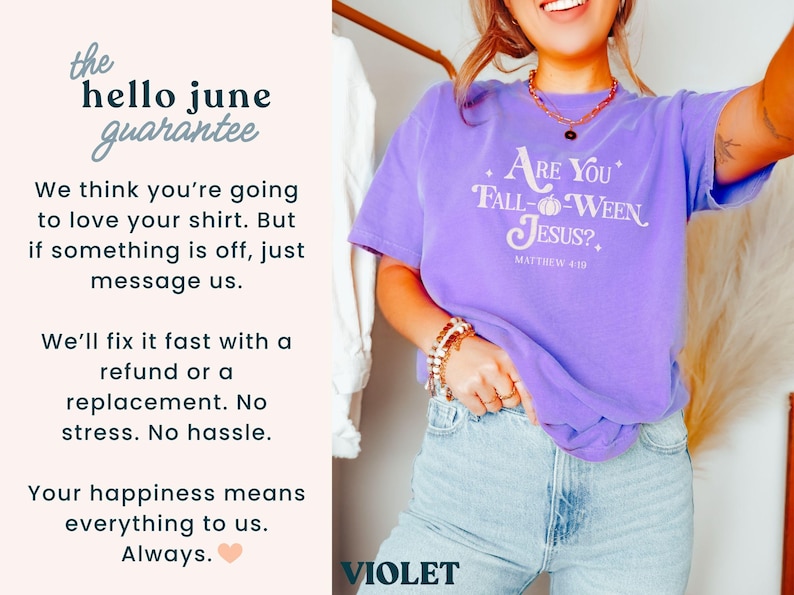 May include: A violet-colored t-shirt with the text "Are You Fall-O-Ween Jesus?" in white. The shirt also features the text "Matthew 4:19". The image includes text that says "hello june guarantee".