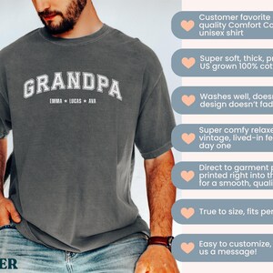 May include: Dark gray unisex t-shirt with the word "GRANDPA" in white block letters. Below the word "GRANDPA" are the names "EMMA * LUCAS * AVA". The shirt is made of 100% cotton.