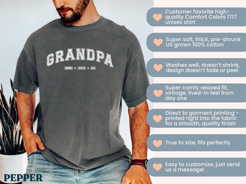 May include: Dark gray unisex t-shirt with the word "GRANDPA" in white block letters. Below the word "GRANDPA" are the names "EMMA * LUCAS * AVA". The shirt is made of 100% cotton.