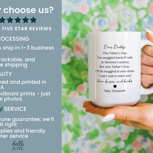 May include: White ceramic mug with a handle, featuring a heartfelt message to "Daddy" from "Baby Thompson" for Father's Day. The mug has a simple design with black text and a small heart. The background is a floral pattern.