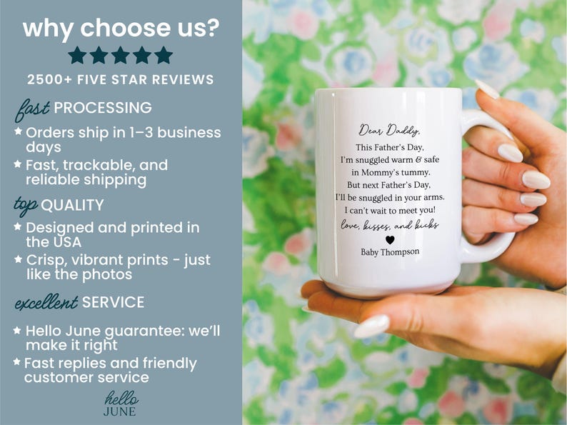 May include: White ceramic mug with a handle, featuring a heartfelt message to "Daddy" from "Baby Thompson" for Father's Day. The mug has a simple design with black text and a small heart. The background is a floral pattern.